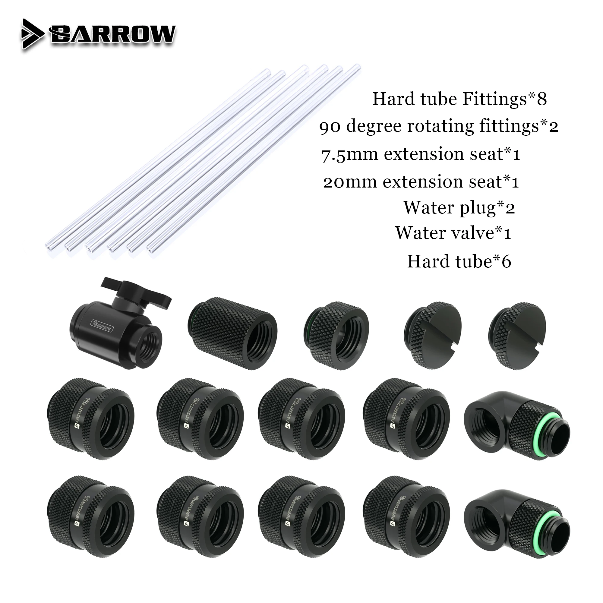 Sc10d7b2cf9bf4251a03584dc159385f8p.webp Barrow Hardtube-Wasserkühlungs-Kit – Fittings & PETG (12/14/16 mm) – Silber/Schwarz/Gold/Weiß – Bild 1