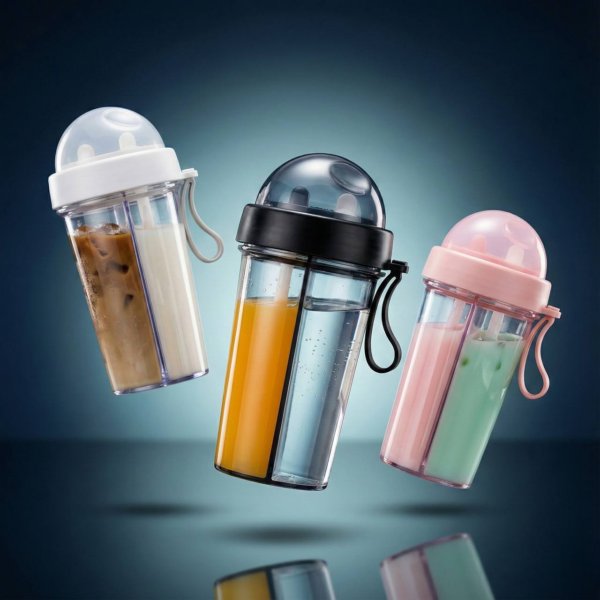 Doppel-Getränkeflasche mit Dual-Strohhalm – auslaufsicher & transparent